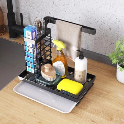 Ruimtebesparende Spoelbak-Organizer voor Keuken en Badkamer - Roestvrij Staal met Uitneembare Lekbak