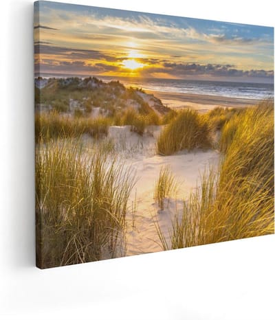 Artaza Canvas Schilderij Strand Zee - 100x80 cm - Groot - Wanddecoratie Duinen - Muurdecoratie Zonsondergang - Decoratie Kust