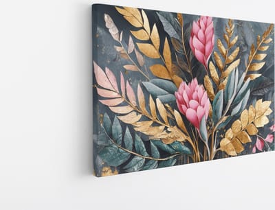 Saammp Canvas Schilderij - Grote roze bloemen en gouden bladeren - Modern - 30x20 - Foto op canvas - Wanddecoratie - Muurdecoratie Woonkamer - Kantoor Decoratie