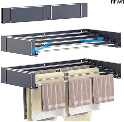 RFWR® Wandgemonteerd droogrek - Intrekbaar, Ruimtebesparend, Duurzaam - 30 kg Capaciteit, Eenvoudig te Installeren, Opvouwbaar voor Binnen en Buiten - Antraciet, 75 cm