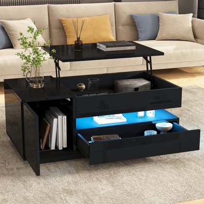 Wishdor Salontafel 95x50x40 cm van spaanplaat, zwart hoogglans, verstelbaar tot 54,5 cm met LED en opbergruimte