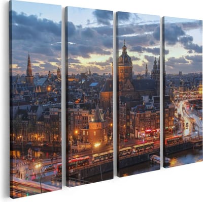 Artaza Canvas Schilderij Vierluik Amsterdam Centrum Luchtfoto Zonsondergang - 80x60 - Foto Op Canvas - Canvas Print