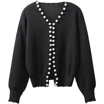 Open Gebreide Cardigan met Ronde Hals Lange Mouwen Trui Jas met Kunstparels Afwerking Effen Kleur Warme Bovenkleding One Size zwart
