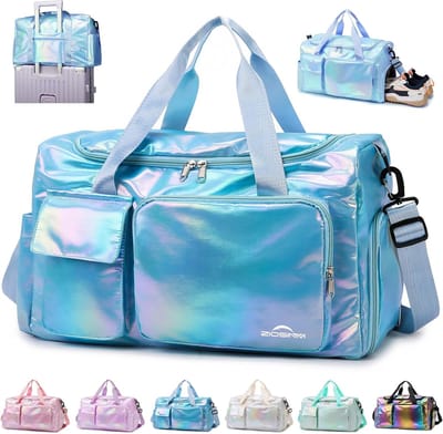 SnelShoppen - Dames Sporttas met Schoencompartiment en Vochtcompartiment, Blauwe Glitter Gymtas voor Training, Sauna, Reizen en Weekendtrips, 48x21x28