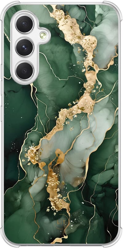 Shockproof hoesje - Geschikt voor Samsung Galaxy A54 - Marmer groen goud - Extra sterke case - TPU/polycarbonaat - Marmer - Groen, Goud, Transparant