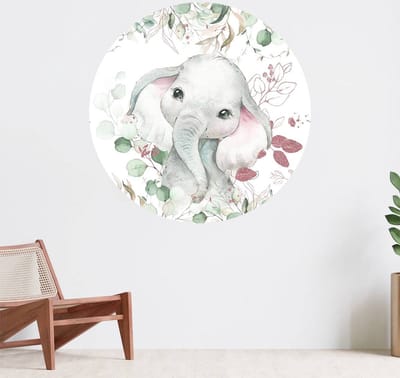 Muurcirkel zelfklevend behang - Olifantenbaby met munt en roze bladeren - Wanddecoratie - 080cm behangcirkel - Ronde sticker voor aan de muur - Behangsticker verkrijgbaar in verschillende formaten