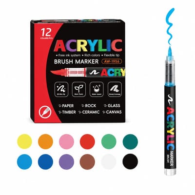 Acrylstiften - set van 12 in geschenkdoos - vloeibare inkt met zachte punt - voor tekenen, krabbelen en DIY - geschenkverpakking