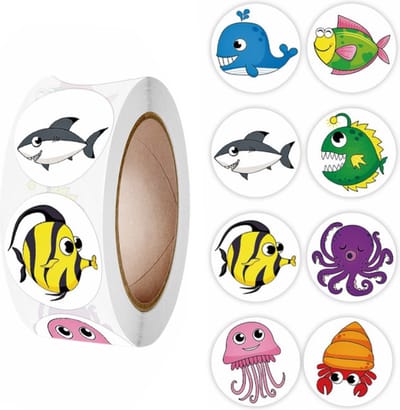 500 Stickers Op Rol - 2.5cm - Vissen & Zeedieren - Beloningsstickers - Stickers Kinderen - Sluitsticker - Sluitzegel - 25mm - 500 Stuks