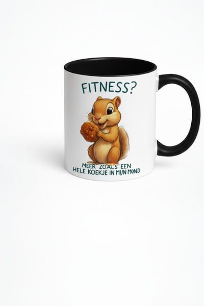 “Fitness? Meer Zoals Een Hele Koekje In Mijn Mond” 330ml Wit met Zwarte Koffiemok – Grappige Eekhoorn Design – Leuk Cadeau voor Zoetekauwen