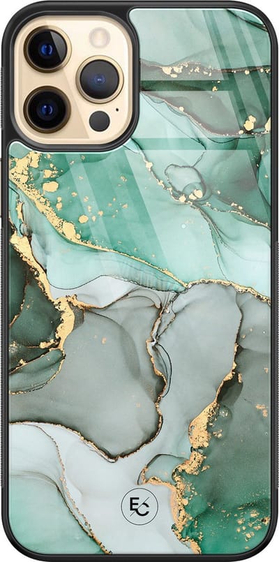 Hoesje geschikt voor iPhone 12 - Marble Design - Luxe Hard Case - Marmer - Grijs, Groen - ELLECHIQ