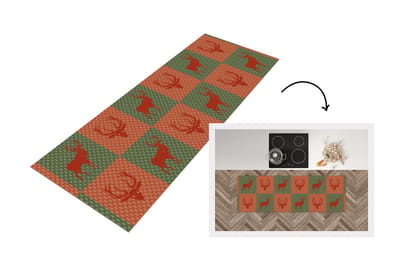 Keukenloper - Loper keuken - Patroon - Hert - Groen - Rood - 150x50 cm - Keukenloper vinyl