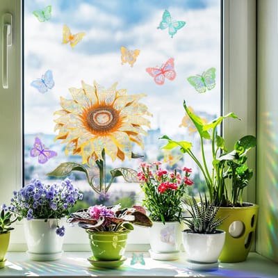 2 vellen (30 x 40 cm) Zonnebloemvlinder kleurrijke raamdecoratie stickers – Dubbelzijdige statische stickers - voor alle gladde glasoppervlakken, zoals ramen, glazen deuren, terrasdeuren en schuifdeuren| Cyslmuk®