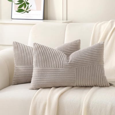 Famanu – Corduroy ribfluweel kussenhoezen set van 2 (30x60 cm) – gestreept patchwork – boho stijl – taupe – rechthoek
