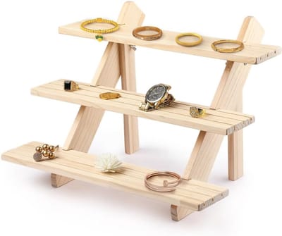 Sieraden Display Stand - Sieraden Toren - Winkel Presentatie - 3-Tier Gegroefd - 38 x 29 x 23 cm - Houtkleur