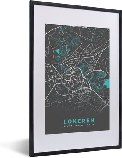 Fotolijst incl. Poster - Stadskaart – Grijs - Kaart – Lokeren – België – Plattegrond - 40x60 cm - Posterlijst