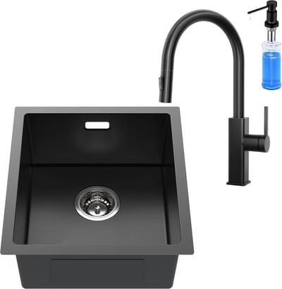 CECIPA max Spoelbak Antraciet 40x44CM - Spoelbak Keuken Met Uittrekbare Uitloop Keukenkraan en Zeepdispenser 300ML - Spoelbakken Keuken - Wasbak Keuken