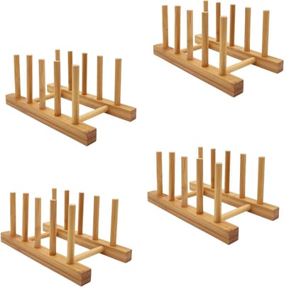 Bamboe Keuken Plate Rack Houder voor Snijplanken, Organiser voor Borden, Tassen en Pannen deksels met 4 Slots
