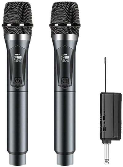 Draadloze karaokeset met twee microfoons, intelligente ruisonderdrukking, led-display, 8 uur batterijduur en ontvanger; geschikt voor thuis, feesten, verjaardagen en optredens (dubbel grijs).