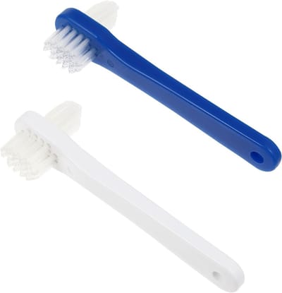 Protheseborstel dubbelzijdig - 2 stuks wit en blauw - stevige nylon haren - effectief reinigen van protheses - ShopVlot