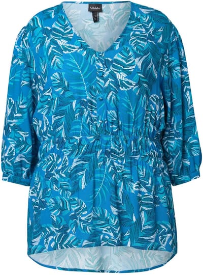 Ulla Popken - Dames - Blouse bladeren A-lijn V-hals 3/4-mouw - Petrolblauw - Maat 42+