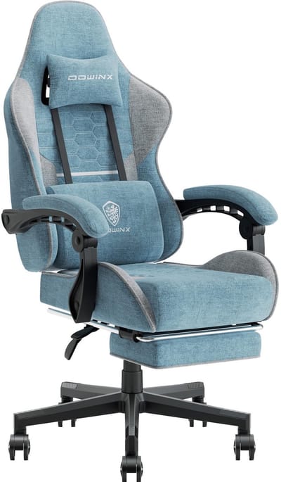 Dowinx Gaming Stoel - Gamestoel - Verstelbaar in Hoogte - Comfortabele Gaming Chair met Pocketvering, Hoofdsteun en Voetensteun - Stof - Blauw-grijs