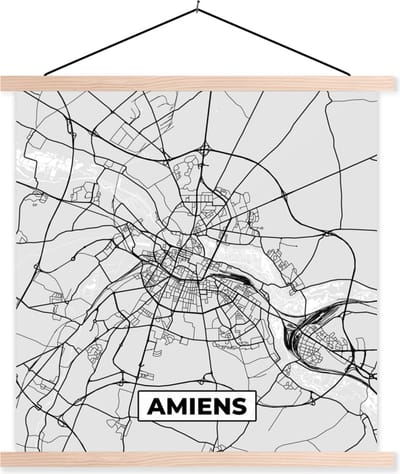 Posterhanger incl. Poster 40x40 cm - Schoolplaat - Plattegrond - Kaart - Stadskaart - Frankrijk - Amiens - Textielposter - Blanke latten - Stadskaart