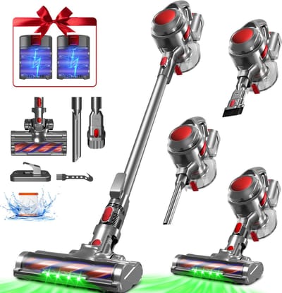Hiaonyx steelstofzuiger - 9-in-1 steelstofzuiger draadloos - 75000pa - Met dierenborstel - LED Groene Stofdetectielamp - Dierenharen - Geschikt voor Tapijten - Harde Vloeren en Dierenharen - 2-liter stofopvangbox - Rood
