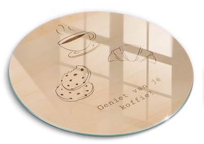 Wallfluent Glazen Snijplanken - Motief, Lekker kopje koffie! Snijplanken Glas - fi30 cm - Bruin Snijplanken van Glas - Glazen Serveerplank - Hygiënische Snijplank van Glas - Antislip Hakplank van Glas