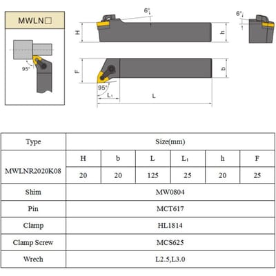 Set van 20 mm Draaibank Draaigereedschapshouder MWLNR2020K08 + 10 WNMG0804 Hardmetalen Inzetstukken + 2 Sleutels