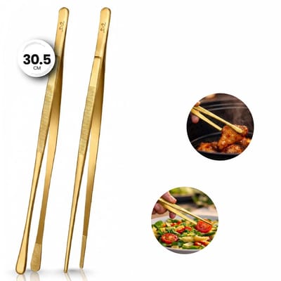 Keukenpincet / Kookpincet RVS Set 2 Stuks – 30,5 cm – Pointed & Round – Vleestang & Keukentang voor BBQ en Dagelijks Gebruik - Goud