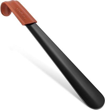 42CM Metalen Schoenlepel met Leren Handvat - Duurzame RVS Schoenlepel voor Dames, Heren en Senioren, Zwart