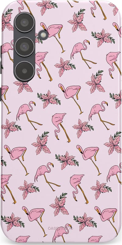 Casetastic hoesje geschikt voor Samsung Galaxy A55 - Dubbellaagse bescherming - Tropisch Roze Flamigo Bloemen Paradijs - Fashion Case - Lichtgrijs Wit Lichtroze
