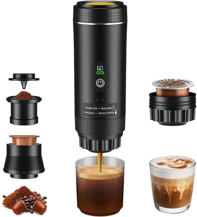 Stervia Draagbare Koffiemachine - Reiskoffiezetapparaat - Tot 5 Kopjes Koffie - Capsules En Poeder - USB C ingang - Zwart - 25 x 7,4 cm