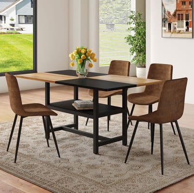 Set Tafel En Stoelen - Rechthoekige Eettafel Met Opbergvak En 4 Eetkamerstoelen - Voor Eetkamer Keuken En Woonkamer - Hout Metaal Bruin Zwart