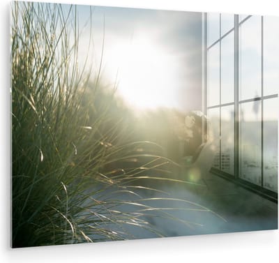 MuchoWow® Glasschilderij 120x90 cm - Schilderij acrylglas - Strand - Duin - Zon - Foto op glas - Muurdecoratie woonkamer - Wanddecoratie slaapkamer - Schilderijen