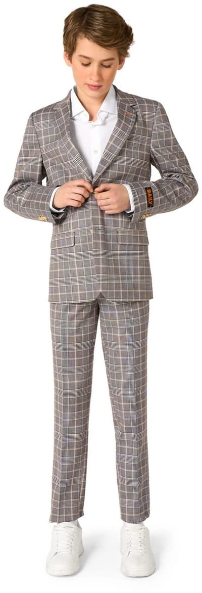 OppoSuits Daily Checked Tan Jongens Pak - Tiener Kostuum - Feesten & Gelegenheden Kostuum- Grijs - Maat EU158-164