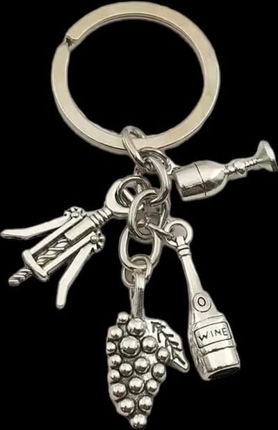 Sleutelhanger Wijnfles/Druif/Opener/Glas ( Zilverkleurig) 3.4 x 3.2 cm