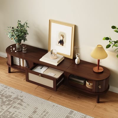 DESMIU Televisiemeubel - Natuurlijke Opbergkast Met Schuifdeur En Rattan Lades - Voor Woonkamer - Spaanplaat En Rattan - 170x39,5x38 Cm - Naturel