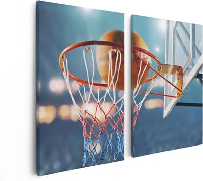 Artaza Canvas Schilderij Tweeluik Basketbal in Ring - Hoepel - Bord - 80x60 - Foto Op Canvas - Canvas Print
