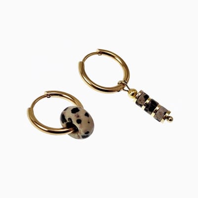 ∅16mm Oorringen met Dalmatische Jaspis Stenen - Verguld Stalen - Dames Oorbellen met donut en Buis Hangers