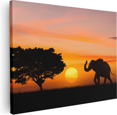 Artaza Canvas Schilderij Olifant Afrika - 40x30 cm - Klein - Wanddecoratie Dieren - Muurdecoratie Zonsondergang - Kamer Accessoires Woonkamer