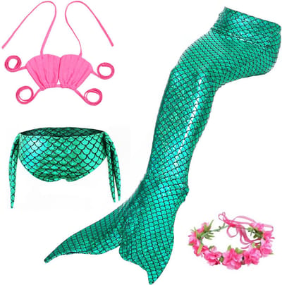 Joya Kids® Zeemeerminstaart met bikini verkleed set Schubben Groen Metallic | Staart met bijpassende bikini Roze Schelpen | Mermaid Staart | Prinsessen jurk | Zeemeermin Verkleedkleding meisje | Maat 120