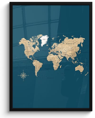 Poster in lijst - Fotolijst 60x80 cm - Posters - Wereldkaart - Donkerblauw - Beige - Posterlijst zwart - Decoratie - Wanddecoratie woonkamer - Muurdecoratie slaapkamer