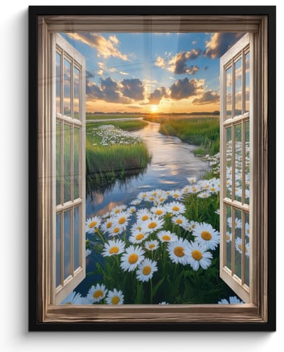 Poster in lijst - Fotolijst 50x70 cm - Posters - Doorkijk - Landschap - Raam - Water - Zonsondergang - Posterlijst zwart - Decoratie - Wanddecoratie woonkamer - Muurdecoratie slaapkamer