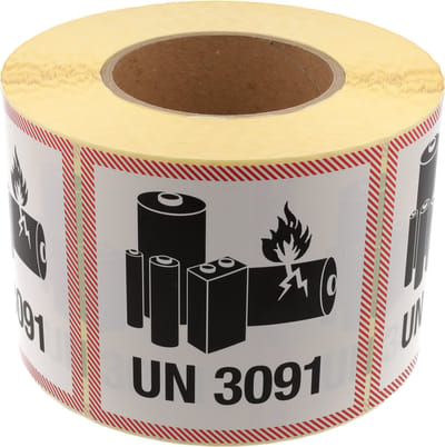 DULA Waarschuwingsetiket UN 3091 Lithium Batterijen 100x100 mm - Kern 76mm - 1000 per rol