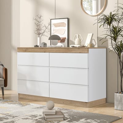 DESMIU Ladekast - Klassiek Opbergmeubel Met 6 Laden En Opbergvak - Voor Slaapkamer En Woonkamer - Spaanplaat - Wit Eikenlook