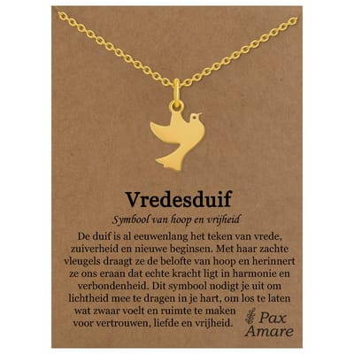 Stainless Steel Vredesduif Ketting op Cadeau Kaartje Goudkleurig - 45cm + 5cm Verstelbaar Roestvrij Staal - Schattige Cadeau Hanger - Pax Amare