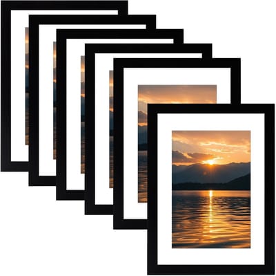 Dailygoods- Fotolijsten Set van 6 - Houten Fotolijsten - A4 Formaat - Zwart met Mat - Plexiglas - Muurbevestiging/Tafelblad - Lijst