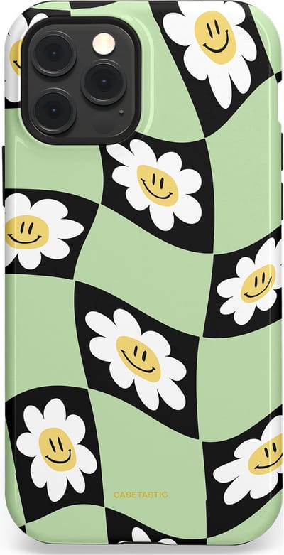 Casetastic hoesje geschikt voor Apple iPhone 12 / Apple iPhone 12 Pro - MagSafe - Dubbellaagse bescherming - Golvende madeliefjes - Fashion Case - Mintgroen Zwart Wit Beige