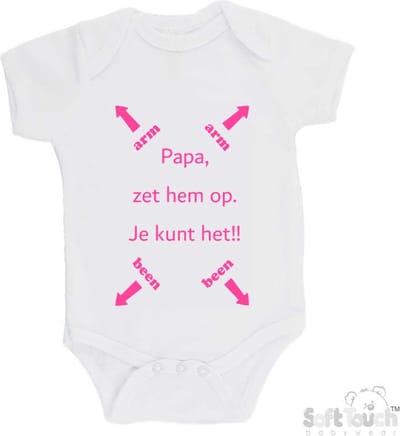 100% katoenen Romper "Papa, zet hem op. Je kunt het!!" Meisjes Katoen Wit/roze Maat 62/68